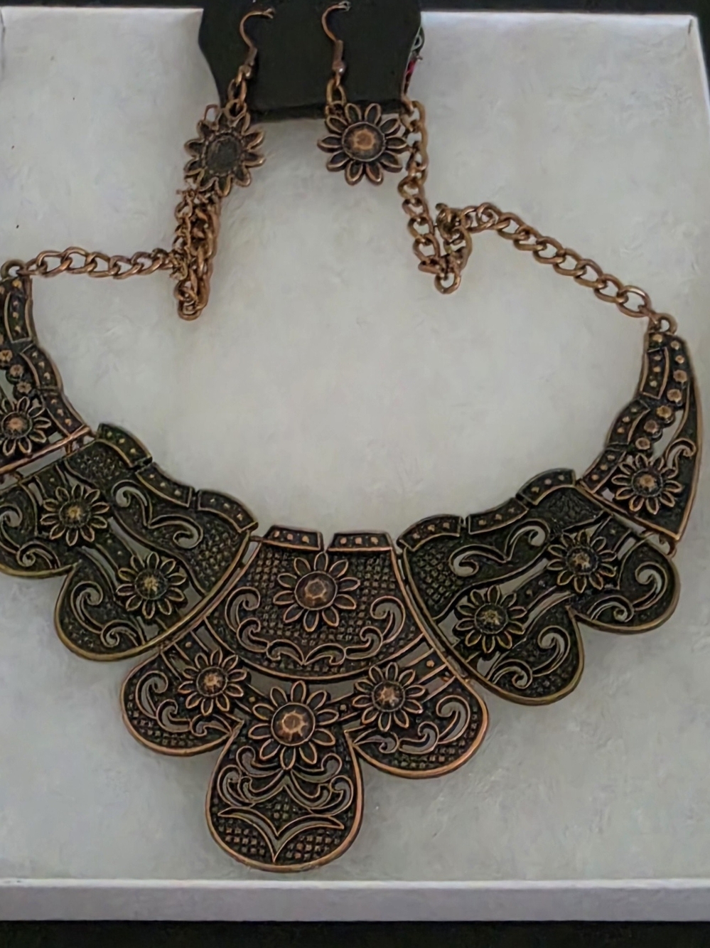 Floral Antique Copper Bib Necklace with Matching Earrings - Women Jewelry